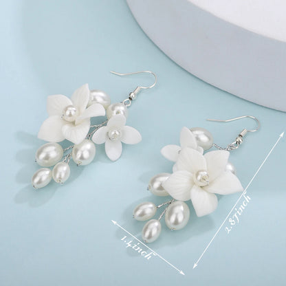 Bridal Pearl & Ceramic Flower Drop Earrings – 3 Elegant Colors
