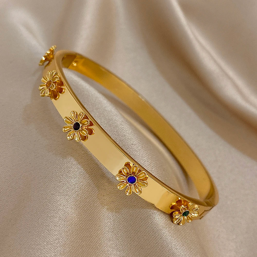 Fashion Stainless Steel Flower Inlay Rhinestone