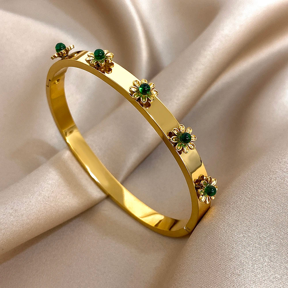 Fashion Stainless Steel Flower Inlay Rhinestone