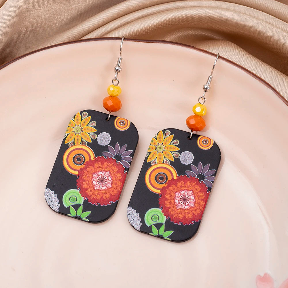 Vintage Black Floral Acrylic Drop Earrings