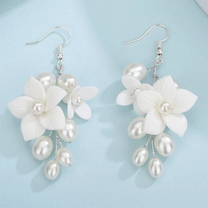 Bridal Pearl & Ceramic Flower Drop Earrings – 3 Elegant Colors