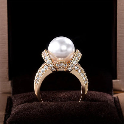 925 Sterling Silver Pearl & CZ Wedding Ring – Gold Vermeil Finish