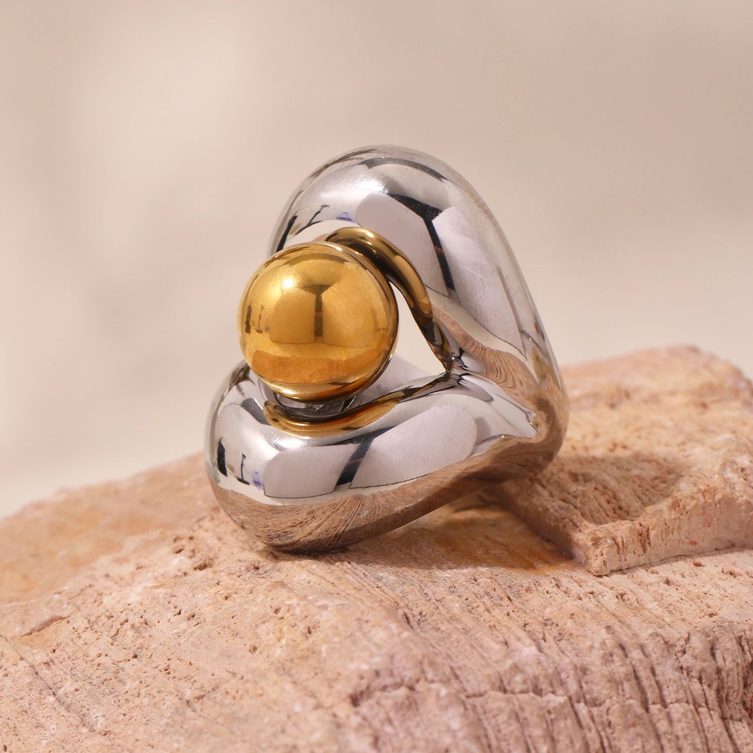 18K Gold Hollow Sphere Statement Ring – Stainless Steel