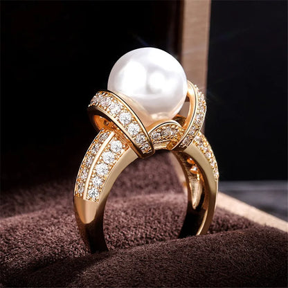 925 Sterling Silver Pearl & CZ Wedding Ring for Women – Romantic Gold Plated Engagement & Anniversary Jewelry