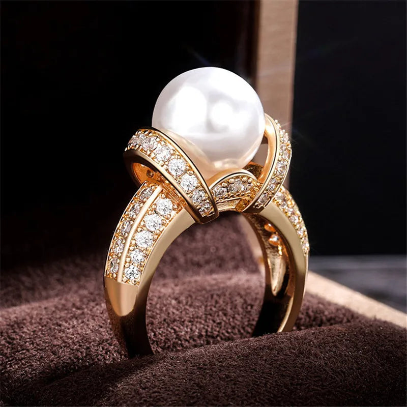 925 Sterling Silver Pearl & CZ Wedding Ring for Women – Romantic Gold Plated Engagement & Anniversary Jewelry