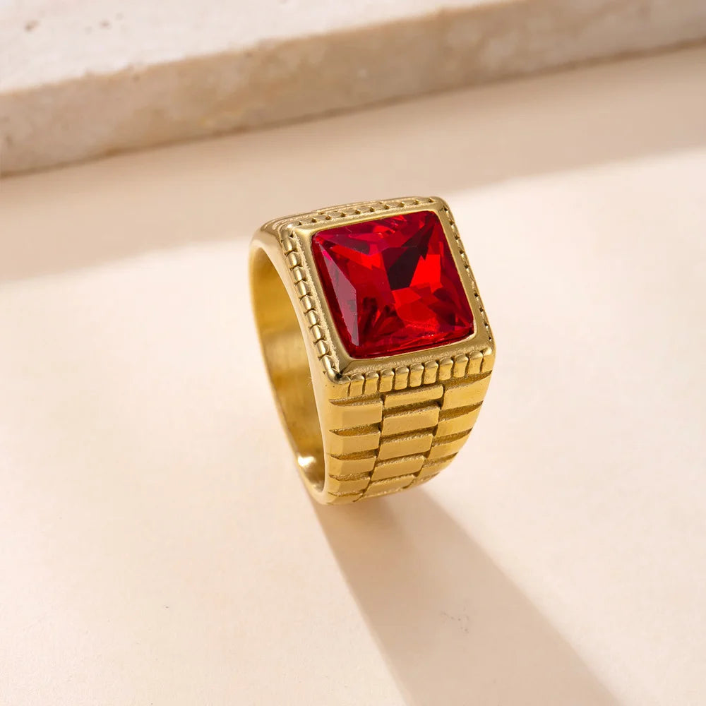 Vintage Square Red CZ Ring – Stainless Steel Statement Wedding Band (Unisex)