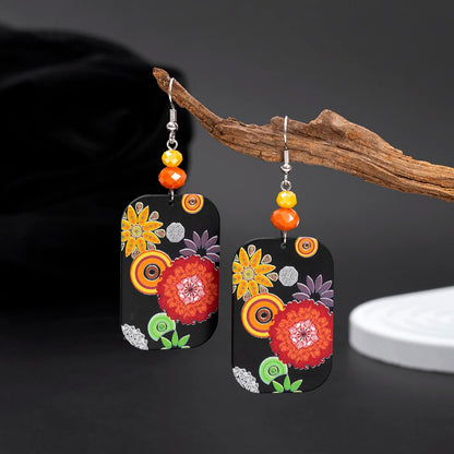 Vintage Black Floral Acrylic Drop Earrings