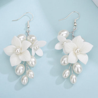 Bridal Pearl & Ceramic Flower Drop Earrings – 3 Elegant Colors