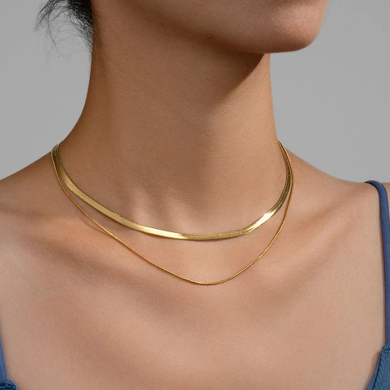 Hot Classic Unisex Flat Snake Chain Choker Necklace – Stainless Steel Herringbone, Gold & Silver Fashion Jewelry Gift