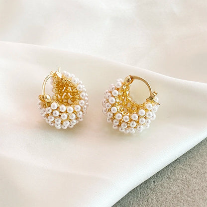 New Design Rice Pearl Embellished Metal Flower Basket Earrings