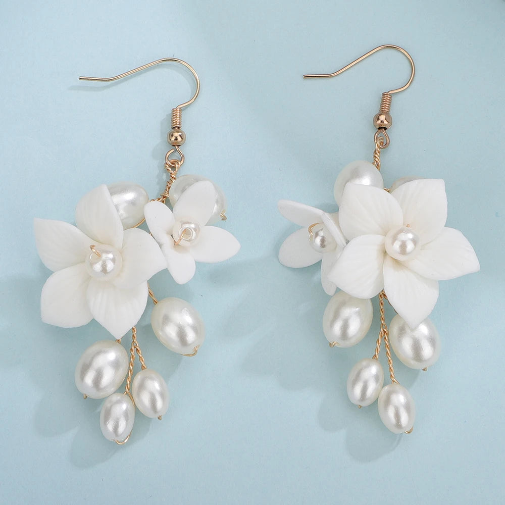 Bridal Pearl & Ceramic Flower Drop Earrings – 3 Elegant Colors