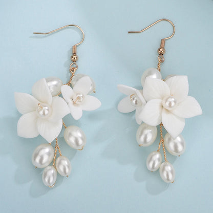 Bridal Pearl & Ceramic Flower Drop Earrings – 3 Elegant Colors
