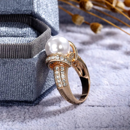 925 Sterling Silver Pearl & CZ Wedding Ring – Gold Vermeil Finish
