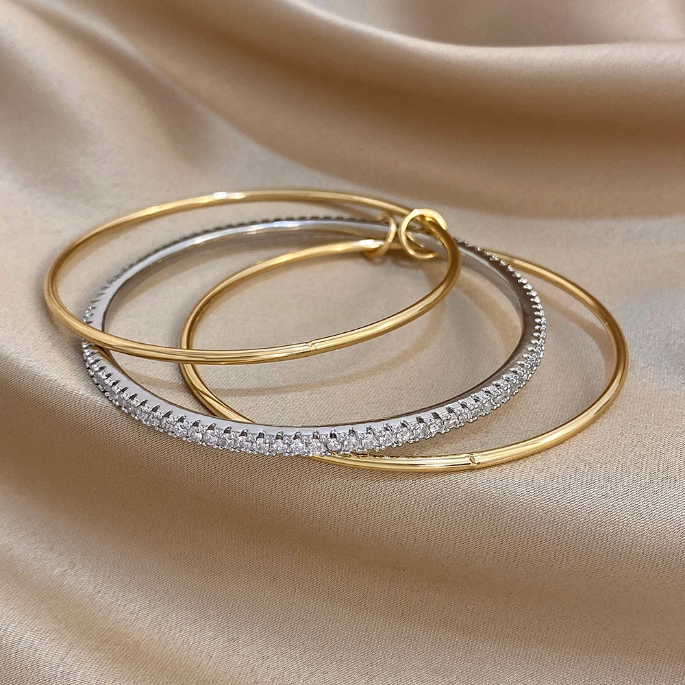 3pcs Two Tone Full Rhinestone Smooth Bangle Bracelets