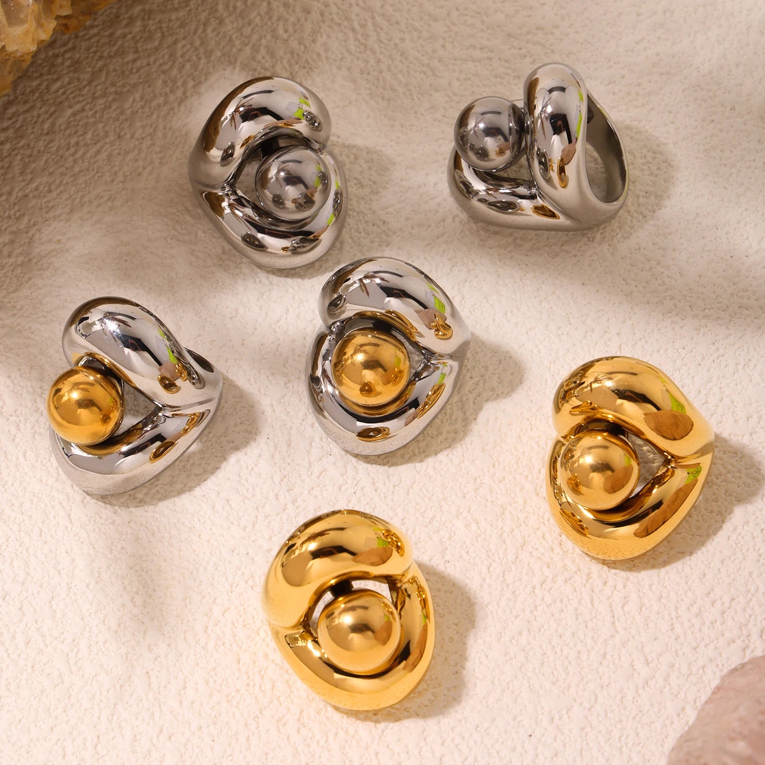 18K Gold Hollow Sphere Statement Ring – Stainless Steel