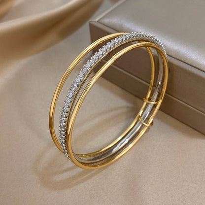 3pcs Two Tone Full Rhinestone Smooth Bangle Bracelets