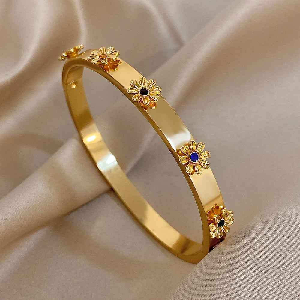 Fashion Stainless Steel Flower Inlay Rhinestone