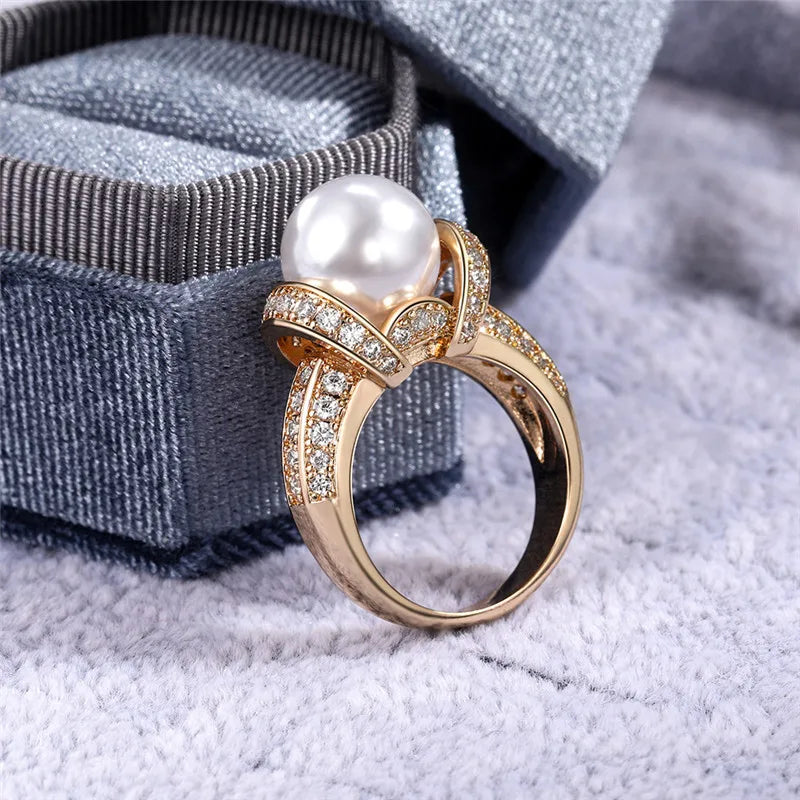 925 Sterling Silver Pearl & CZ Wedding Ring for Women – Romantic Gold Plated Engagement & Anniversary Jewelry