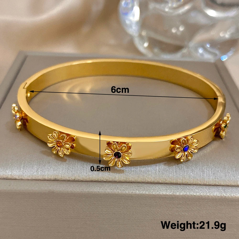 Fashion Stainless Steel Flower Inlay Rhinestone